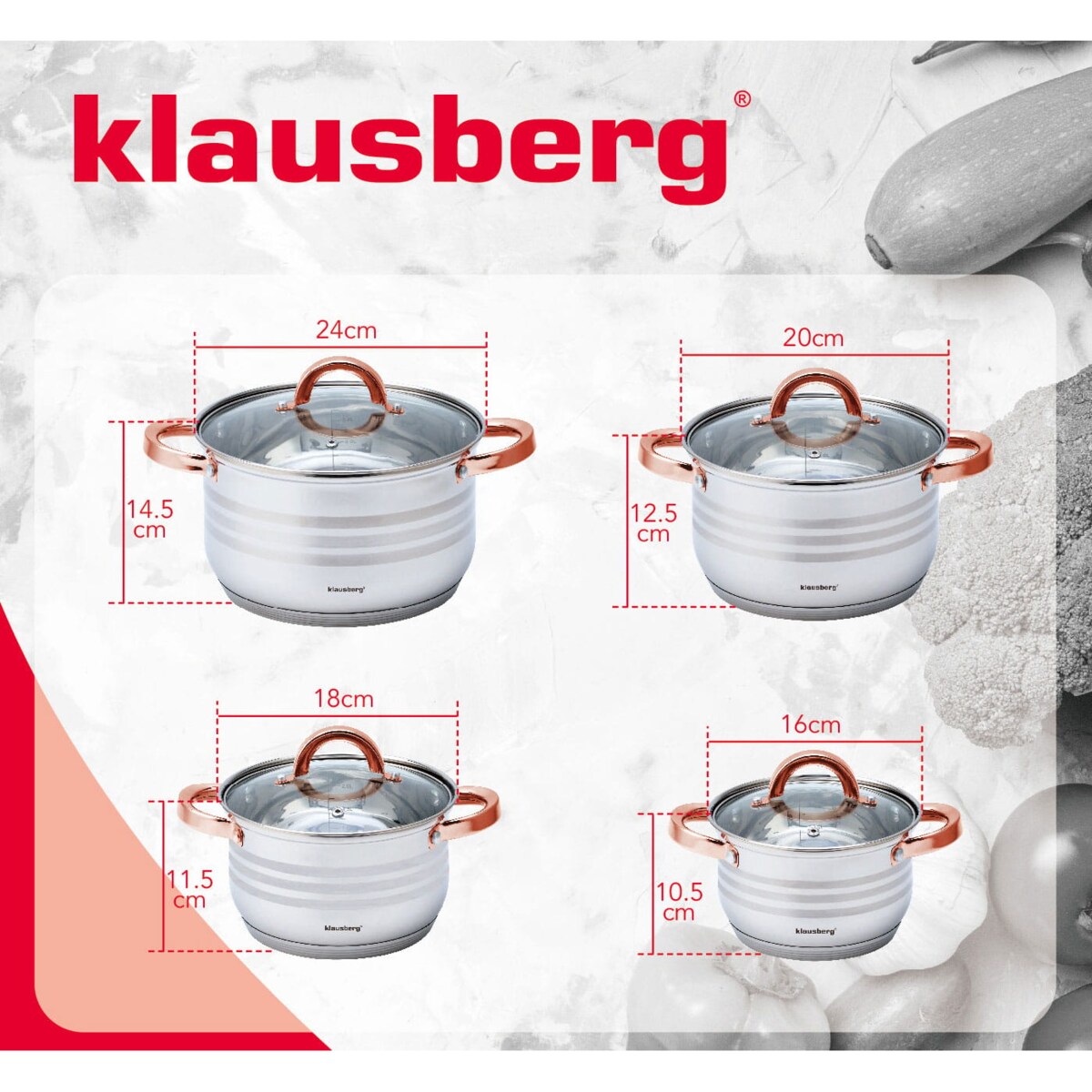 Zestaw garnków stalowych 8 ele. 2.1/2.9/3.9/6.6L KLAUSBERG