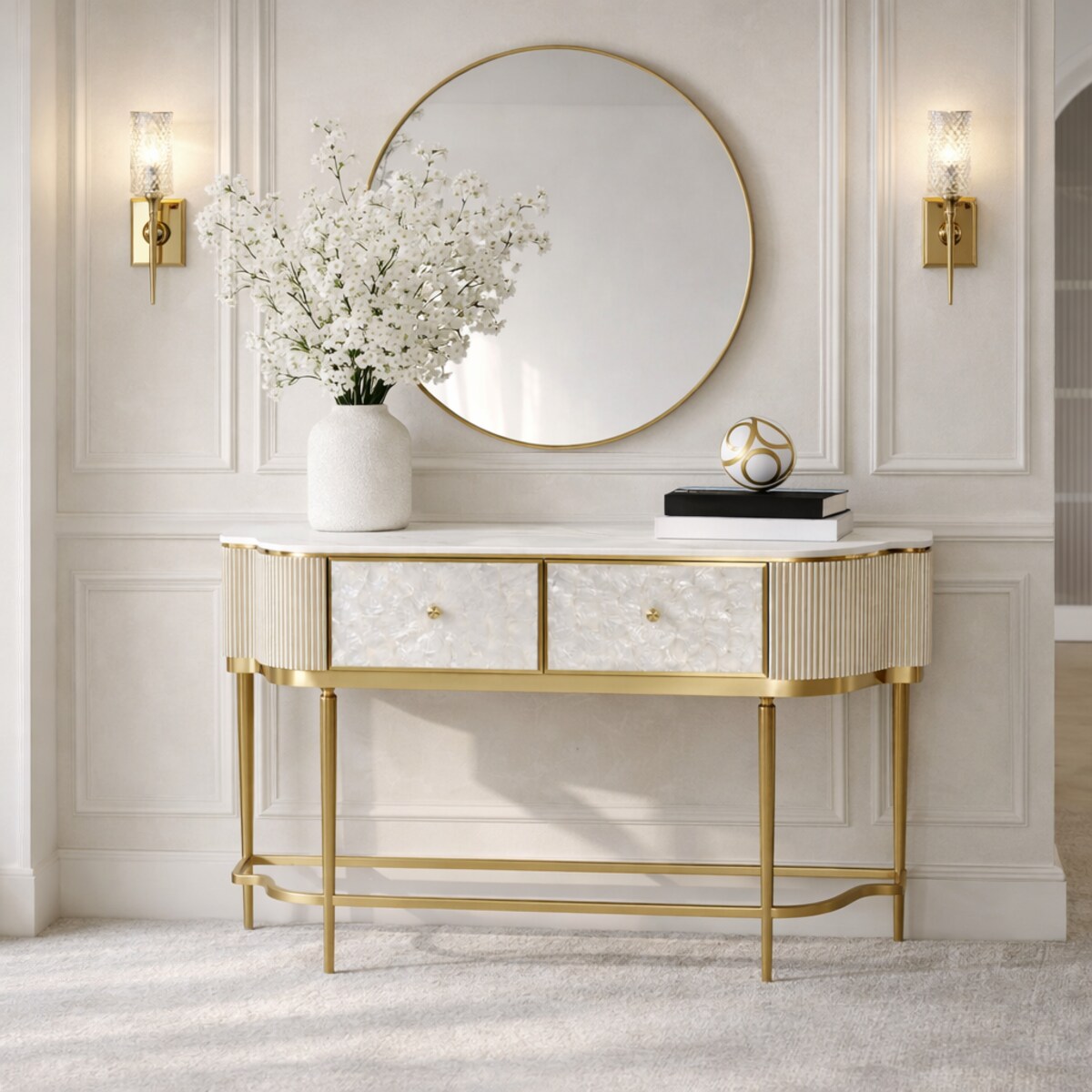 Złota konsola glamour Champion z prawdziwymi muszlami 140x35x86