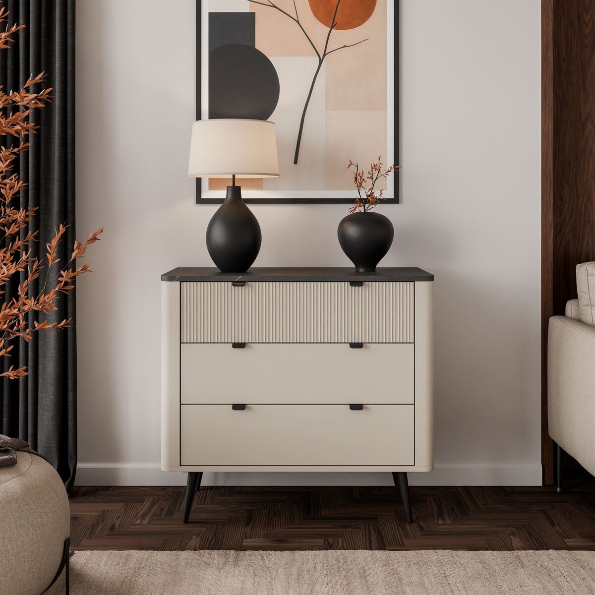 Komoda do salonu AUTUMN 3S na wysokich nóżkach, kaszmir / szary kamień