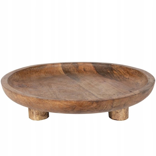 PATERA NA NÓŻKACH OWOCE WARZYWA BABECZKI CIASTO DREWNIANA MANGO BOHO 25cm