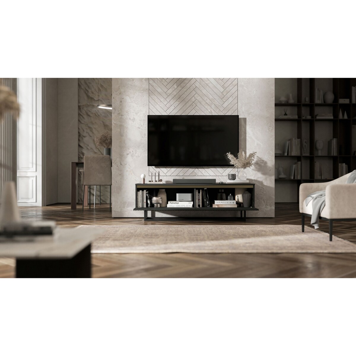 Nowoczesna Szafka RTV Glamour Komoda RTV Czarny Mat 140 cm czarny stelaż