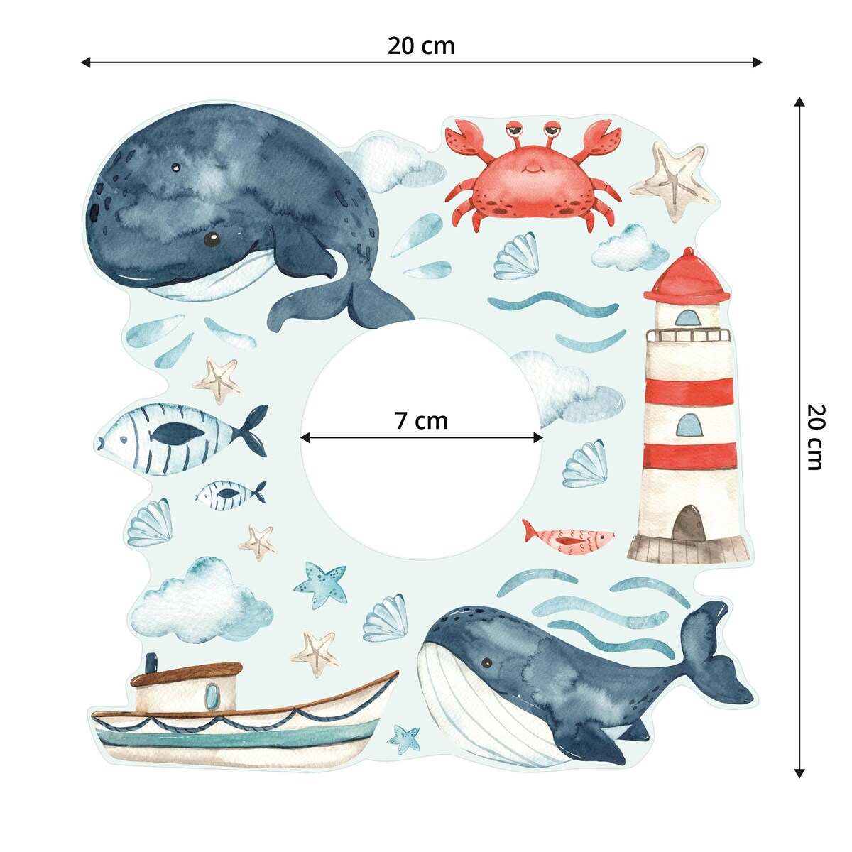 Naklejka Pod Kontakt Wieloryby Rybki Chmurki Rozgwiazdy Muszelki Dla Dzieci 20x20cm