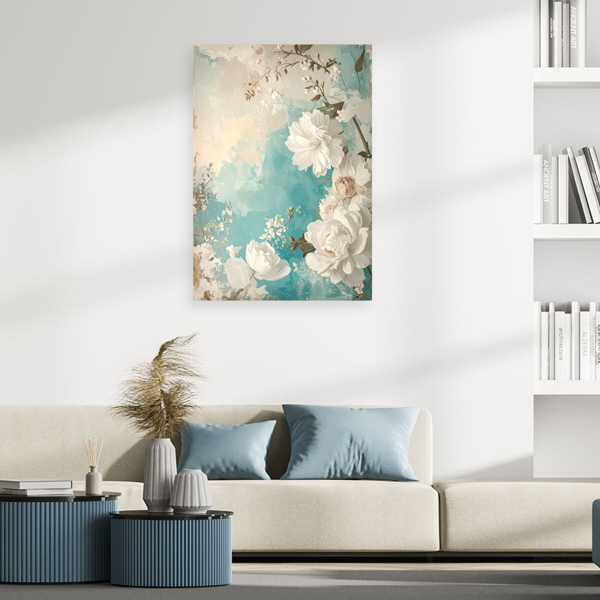 Obraz do salonu sypialni kuchni restauracji, Martwa natura kwiaty w jasnych turkusowych odcieniach 70x100 cm