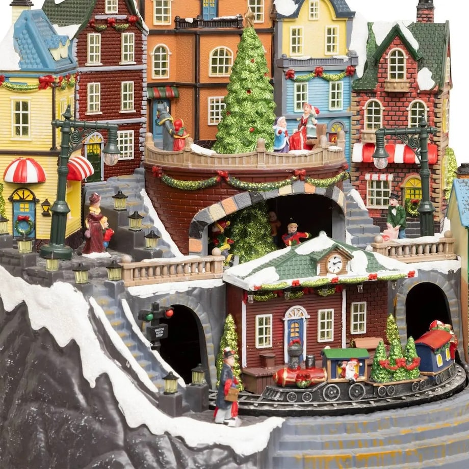 Duża ruchoma scenka - miasteczko z pociągiem 42,5 x 35,5 x 37,5 cm