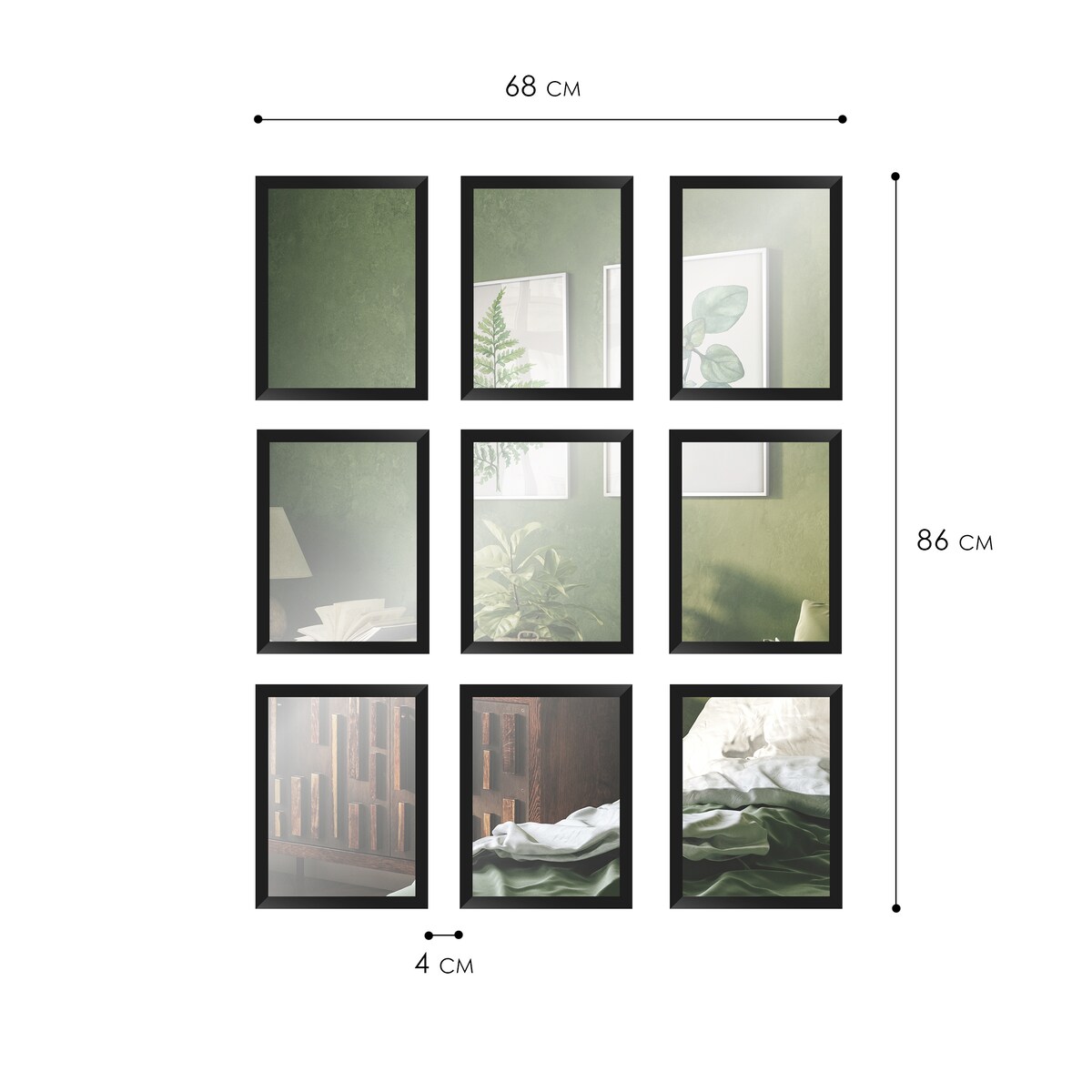 Zestaw 9 lusterek z ramą 20x26 cm do zwieszenia, lustrzana galeria ścienna