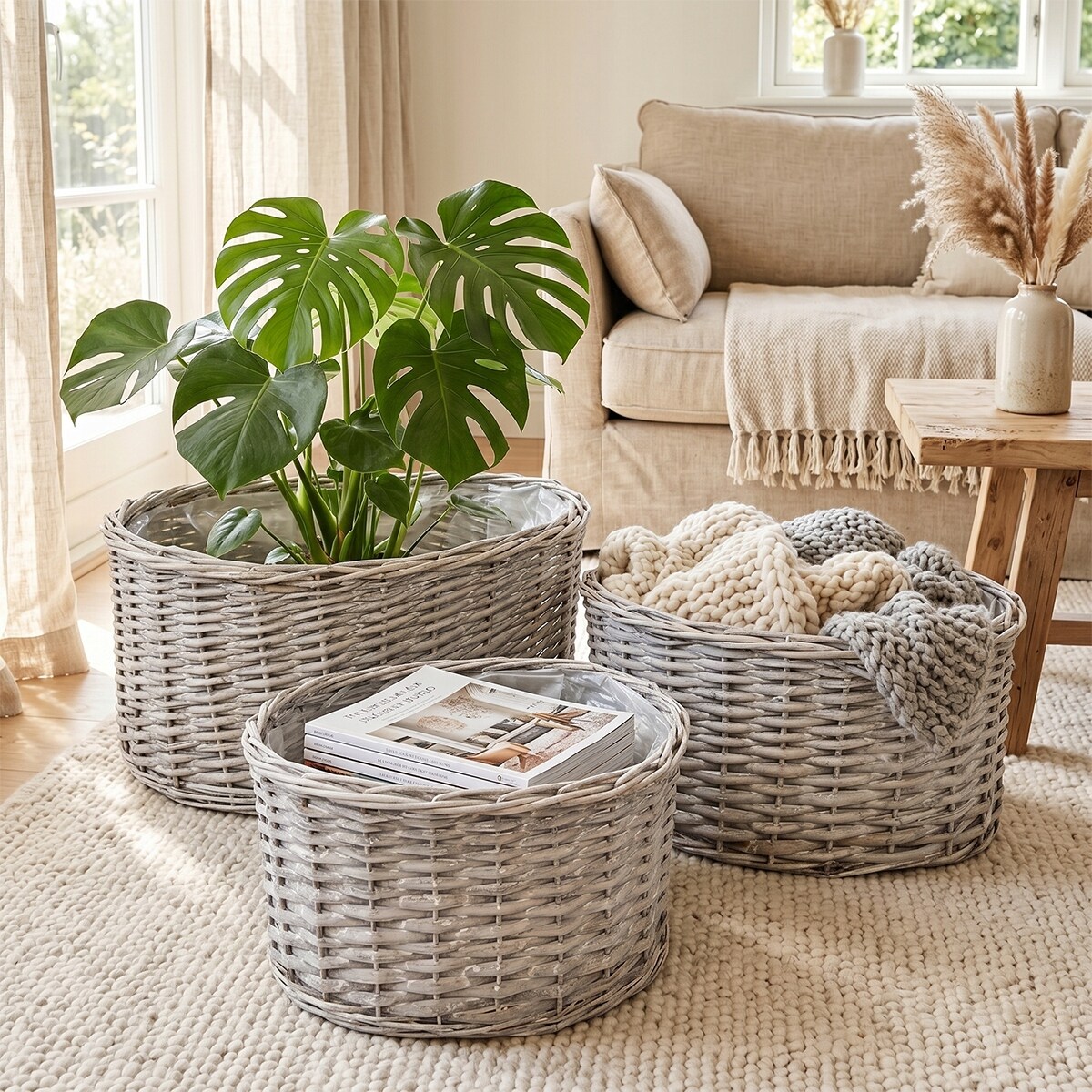 KOSZ WIKLINOWY DUŻY NA KWIATY 50cm SZARY KWIETNIK OGRODOWY DONICA 3 szt