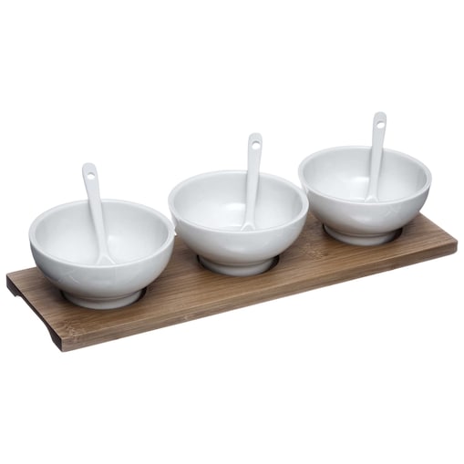 Zestaw do przekąsek, 3 porcelanowe miseczki + łyżeczki i podstawka