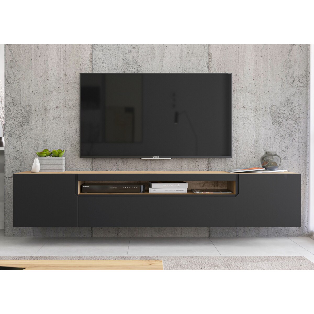 Wisząca Szafka RTV Komoda RTV Loft Industrialna Dąb Artisan Czarny MAT 200 cm