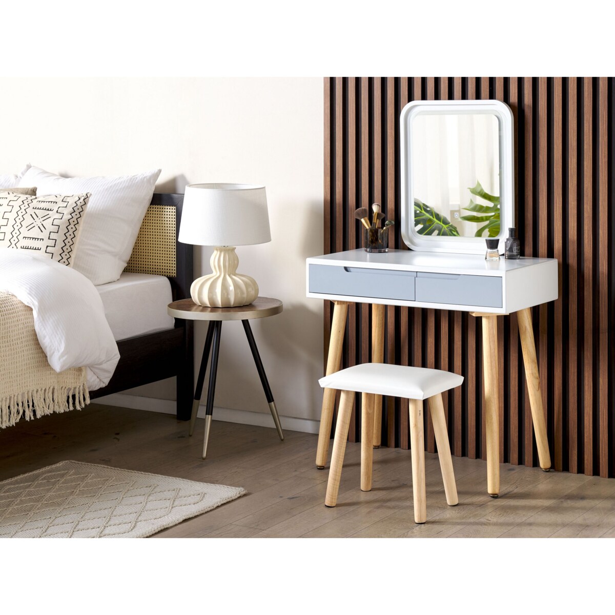 Toaletka 2 szuflady lustro LED ze stołkiem biało-szara DIEPPE