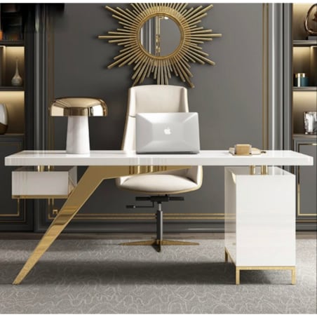 Nowoczesne białe złote biurko ze stali nierdzewnej do gabinetu Prima Premium 160x70x75 LUXURY