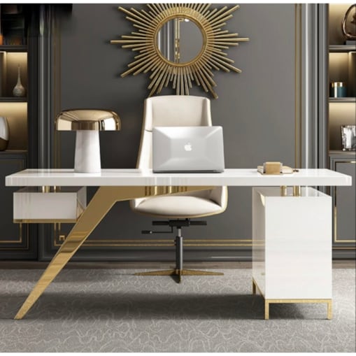 Nowoczesne białe złote biurko ze stali nierdzewnej do gabinetu Prima Premium 160x70x75 LUXURY