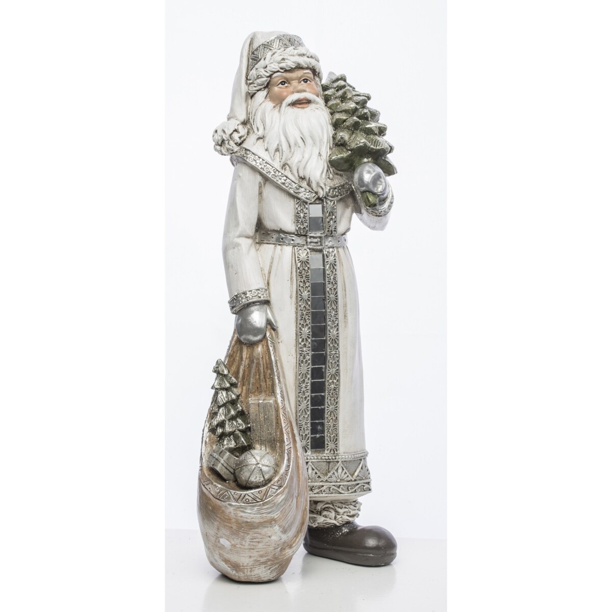 Mikołaj w płaszczu z workiem prezentów i choinką 31,5x13x11 cm