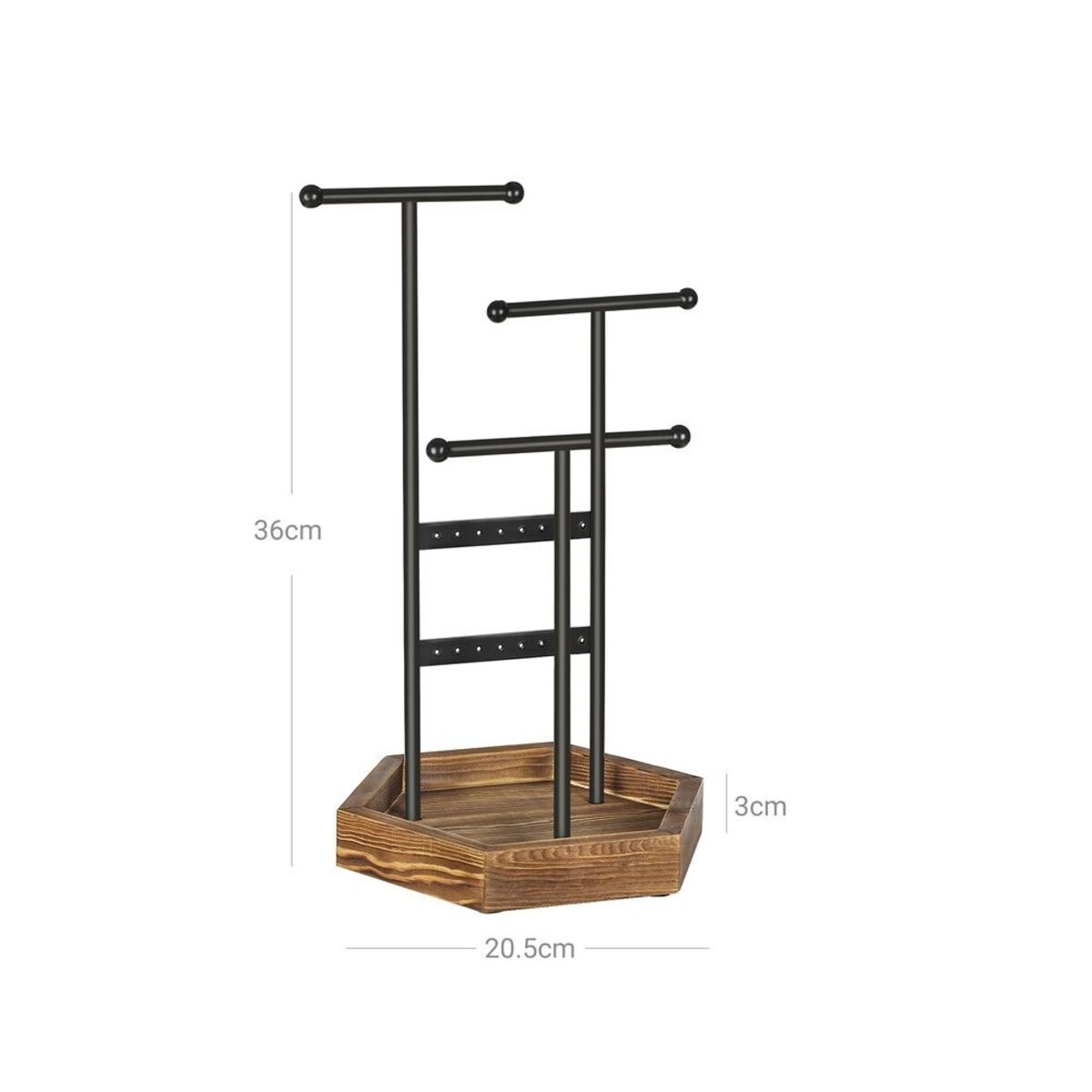 Stojak na biżuterię z metalu i drewna, elegancki design, Czarny