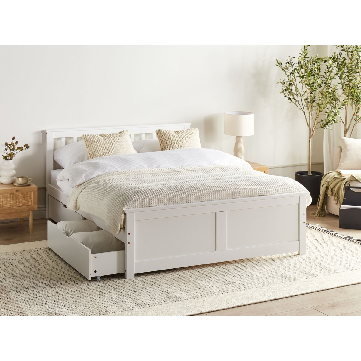 Łóżko ze schowkiem OLENDON 140 x 200 cm Z miejscem do przechowywania Drewno Biały