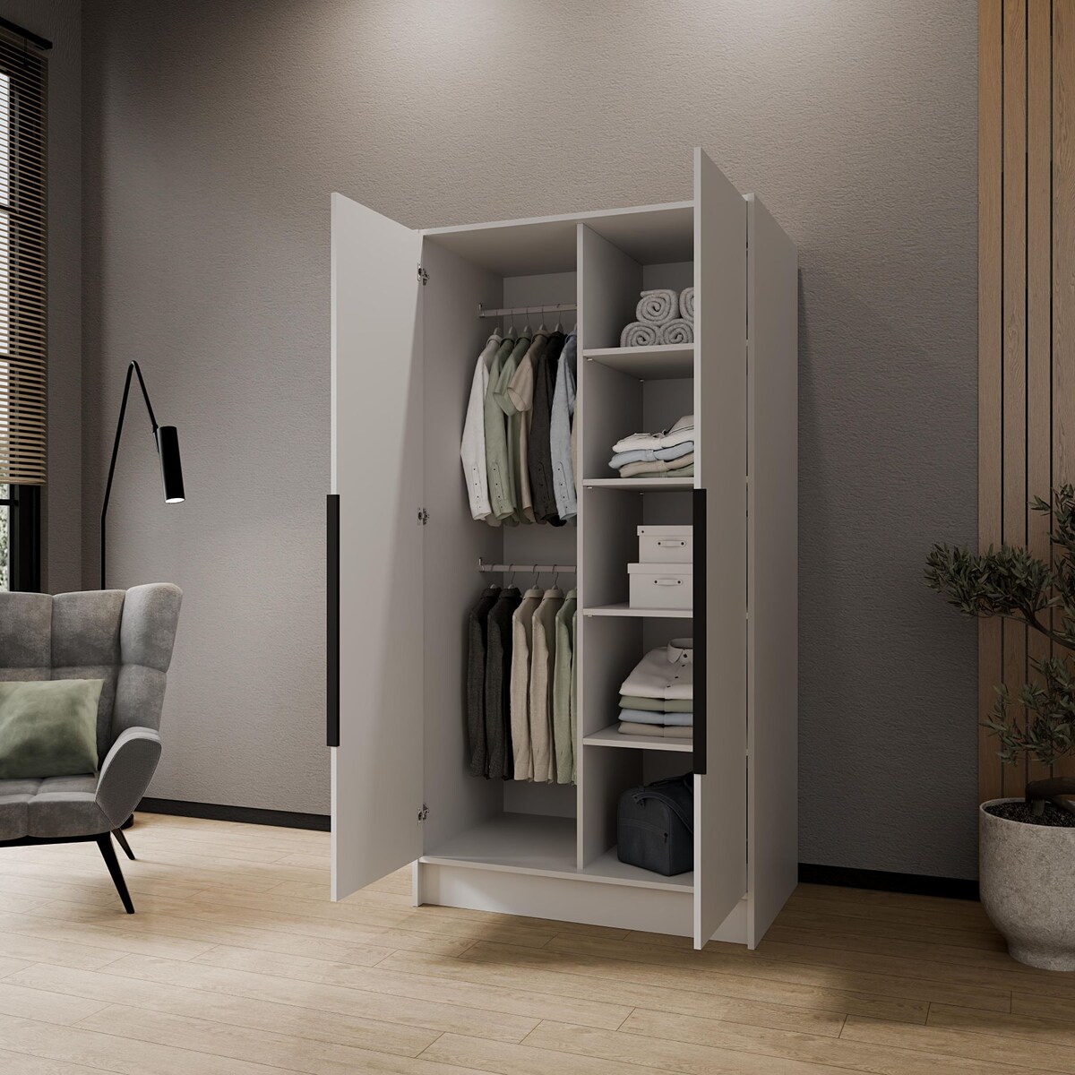 Szafa 100 gładka LUSO z lustrem i czarnymi uchwytami, biała