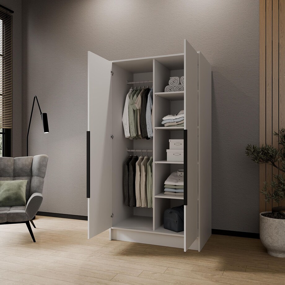 Szafa 100 gładka LUSO z lustrem i czarnymi uchwytami, biała