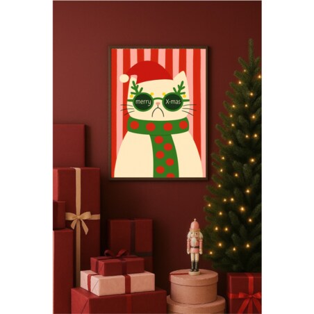 Poster Story, Plakat, Obraz - Kot w Świątecznych Okularach i Czapce Merry X-Mas, wymiary 21 x 30 cm