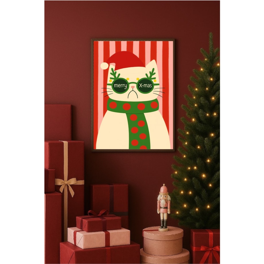 Poster Story, Plakat, Obraz - Kot w Świątecznych Okularach i Czapce Merry X-Mas, wymiary 21 x 30 cm