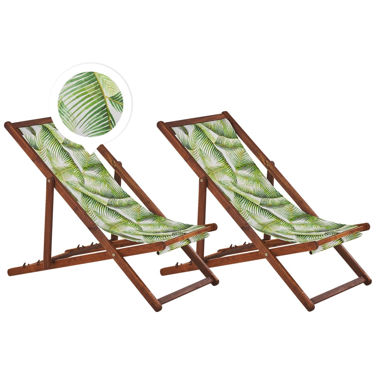 Zestaw 2 leżaków ogrodowych ciemne drewno akacjowe wzór w liście palmowe zielony ANZIO