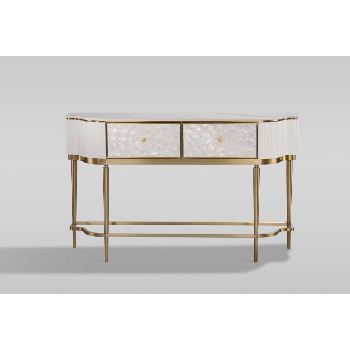 Kremowa konsola glamour z naturalną muszlami i marmurem Champion 140x35x86