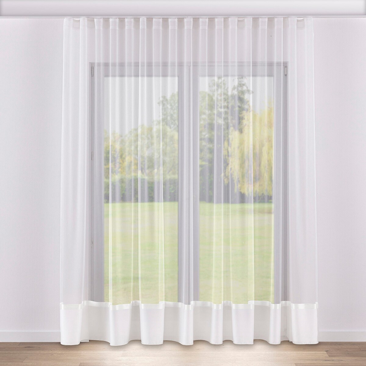 Firana na taśmie wave 300x245 biały z satynowym pasem na dole