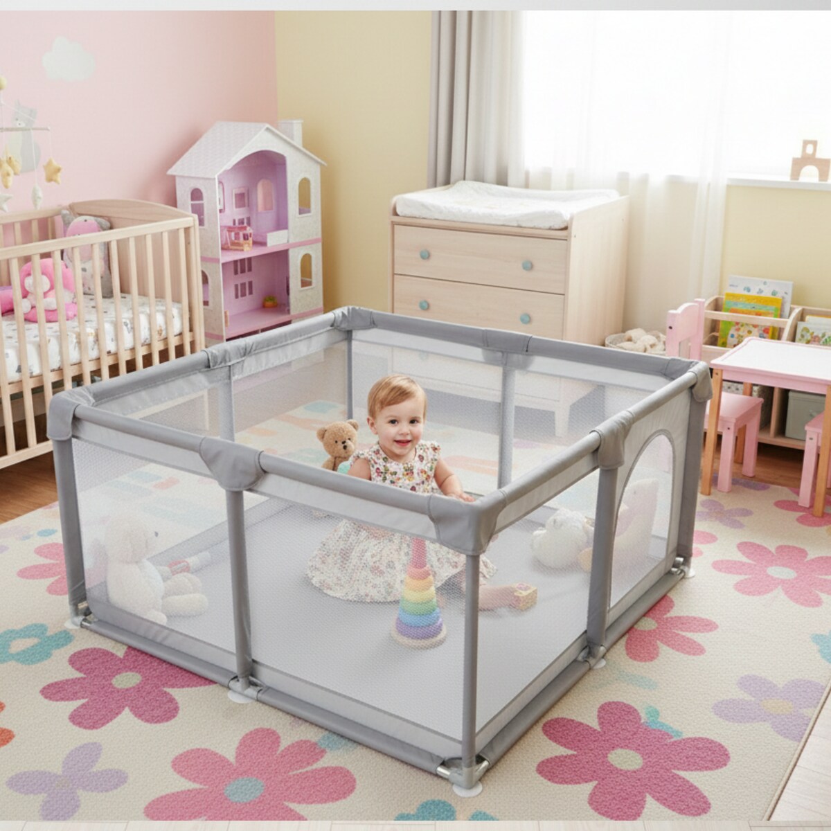 Kojec dla dziecka 126x126 cm suchy basen plac zabaw szary + piłki + torba