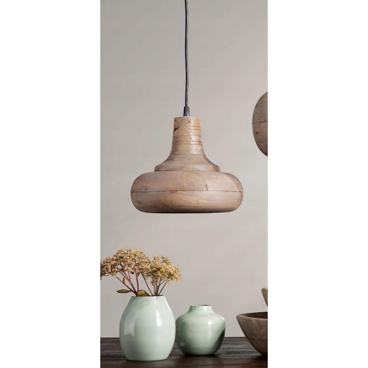 LAMPA SUFITOWA WISZĄCA NAD STÓŁ BOHO DREWNO MANGO NATURALNA DO SALONU 23cm