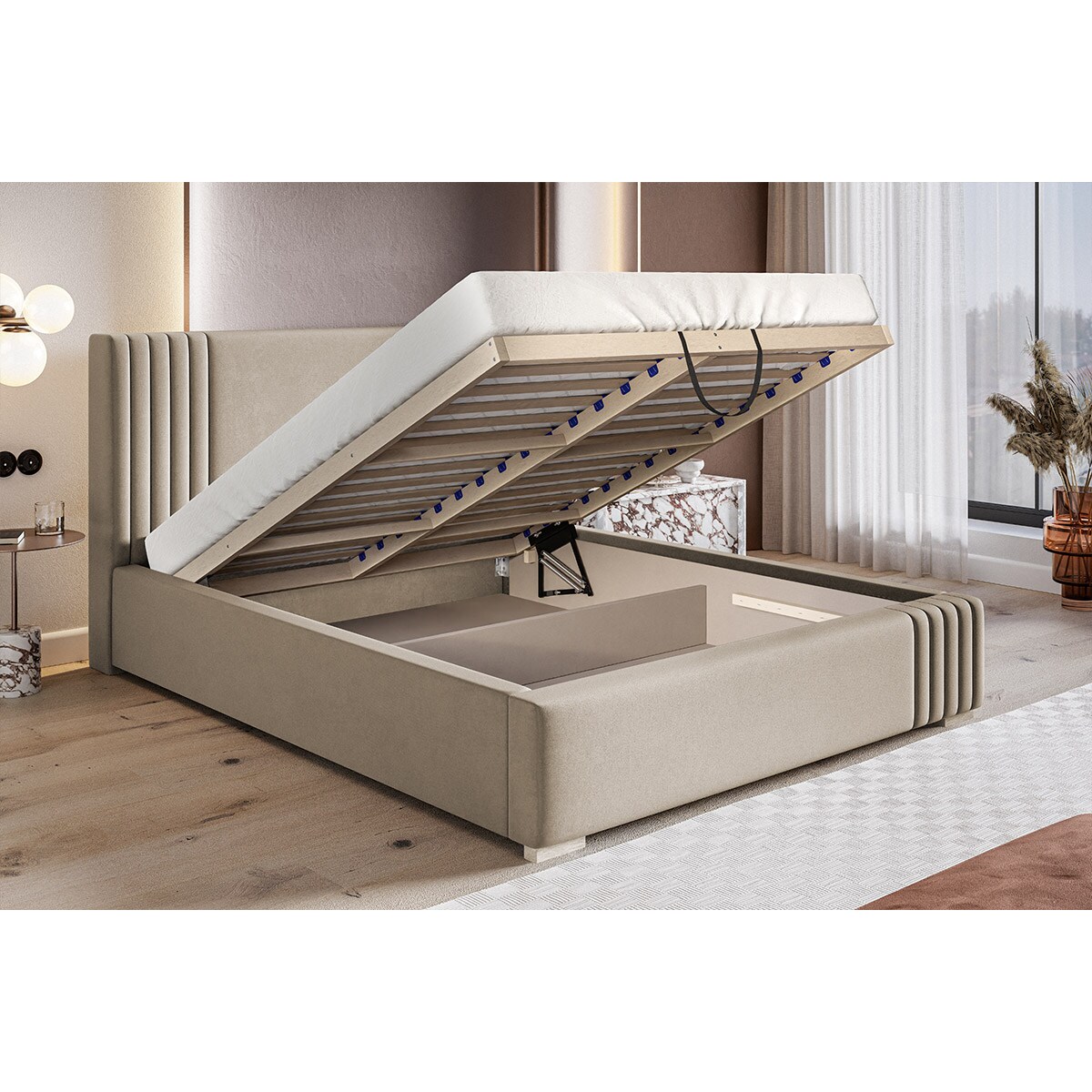 Łóżko jednoosobowe 90x200 BEN 13 z pojemnikiem na pościel- beżowe