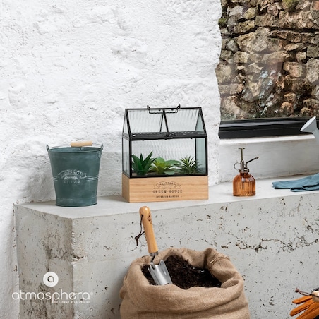 Mini szklarnia domowa, na drewnianej podstawie