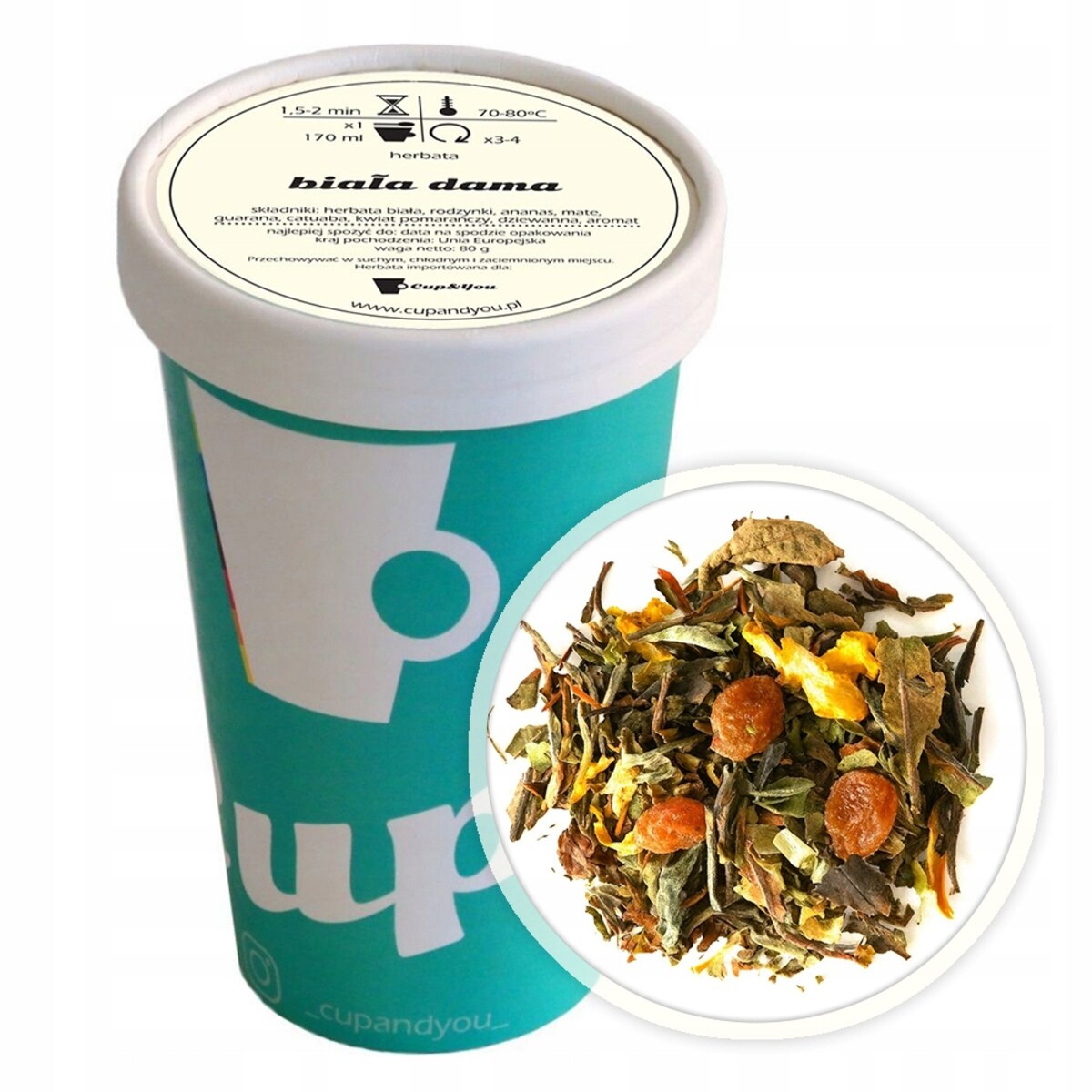 Herbata biała BIAŁA DAMA rodzynki ananas dziewanna kwiat pomarańczy 80g