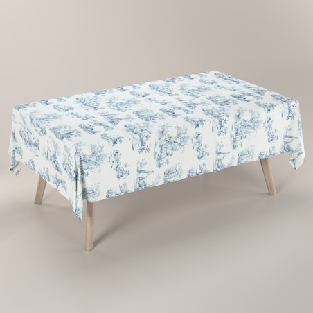 Obrus prostokątny 130 x 130 cm scenki rodzajowe w kolorze niebieskim na tle ecru