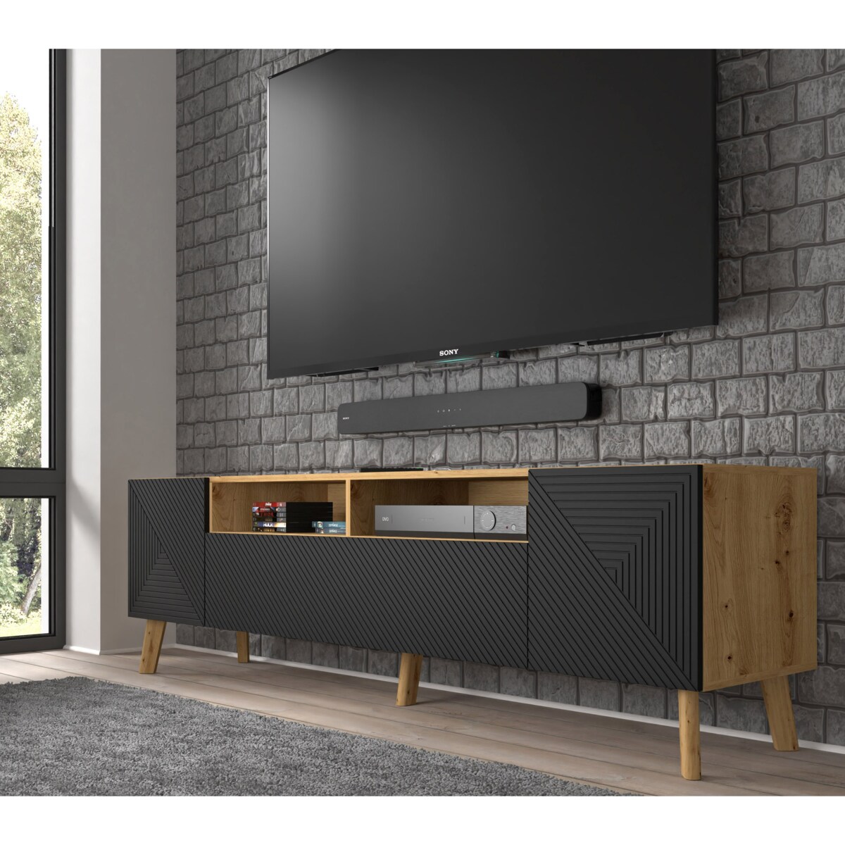Szafka RTV LUXI 195 cm dąb artisan / czarny mat | home&you