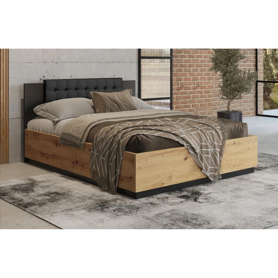 Łóżko SIGMA 140x200 dąb artisan/czarny mat z pojemnikiem