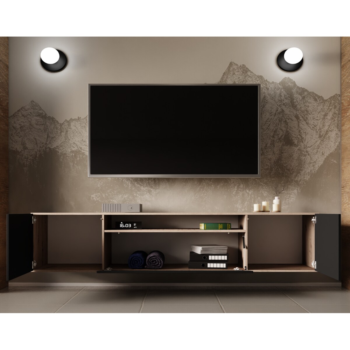 Szafka RTV LION 200 cm wisząca, do pokoju gościnnego- czarny+artisan