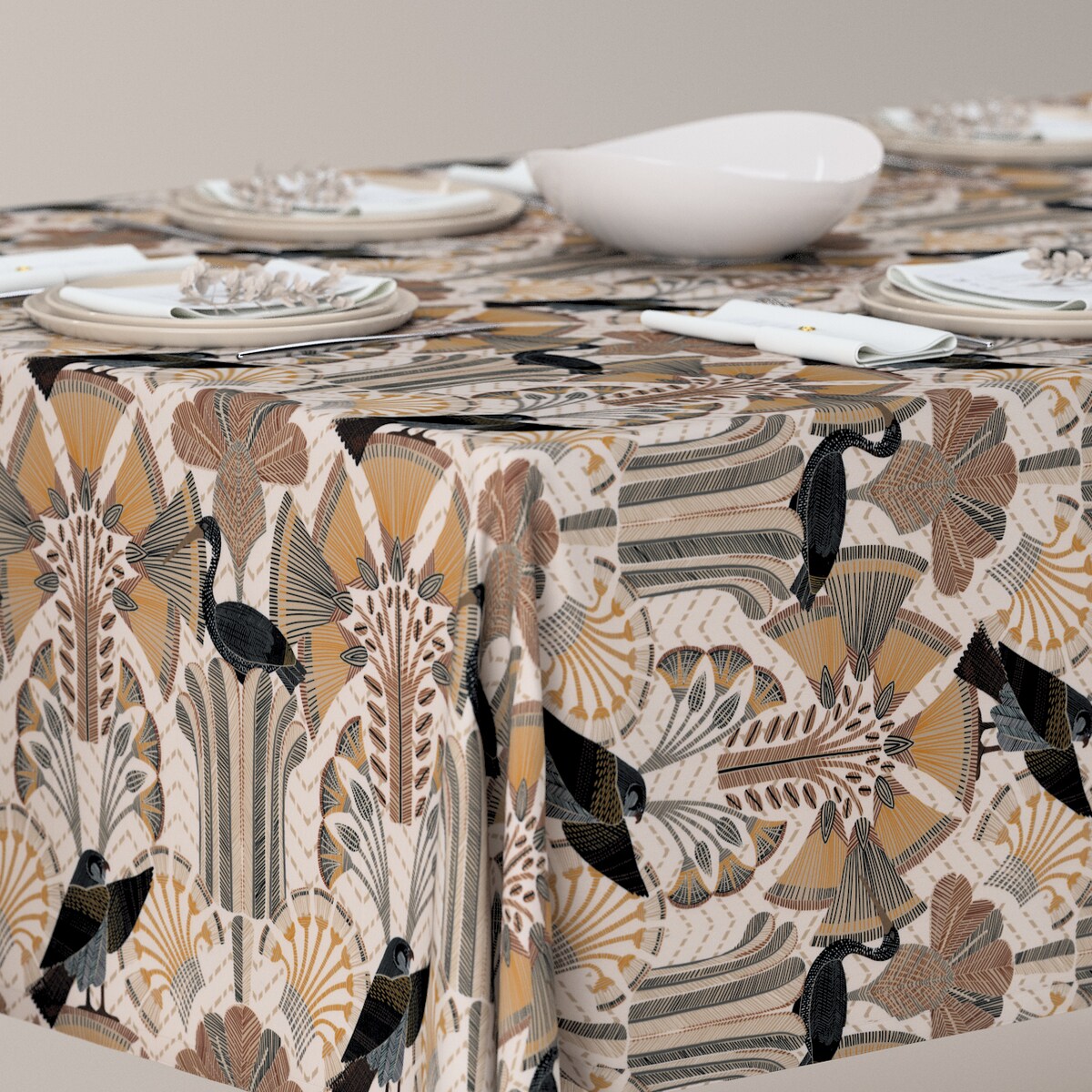 Obrus prostokątny 130 x 210 cm abstrakcyjny beżowo-brązowy wzór