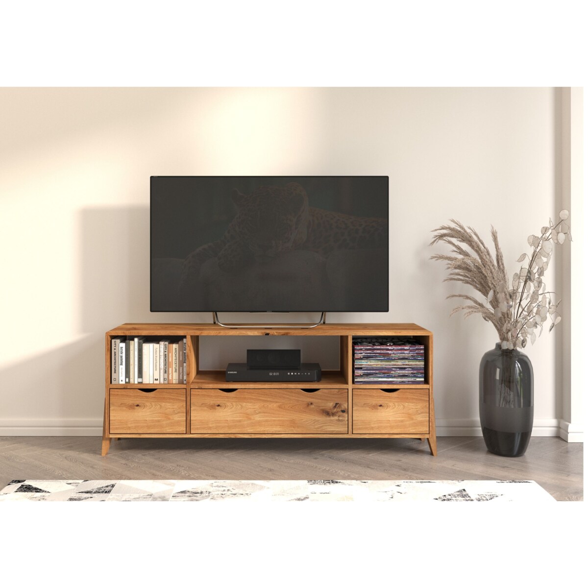 Drewniana szafka Rtv dębowa Visby Gdynia na nóżkach / Lakier naturalny