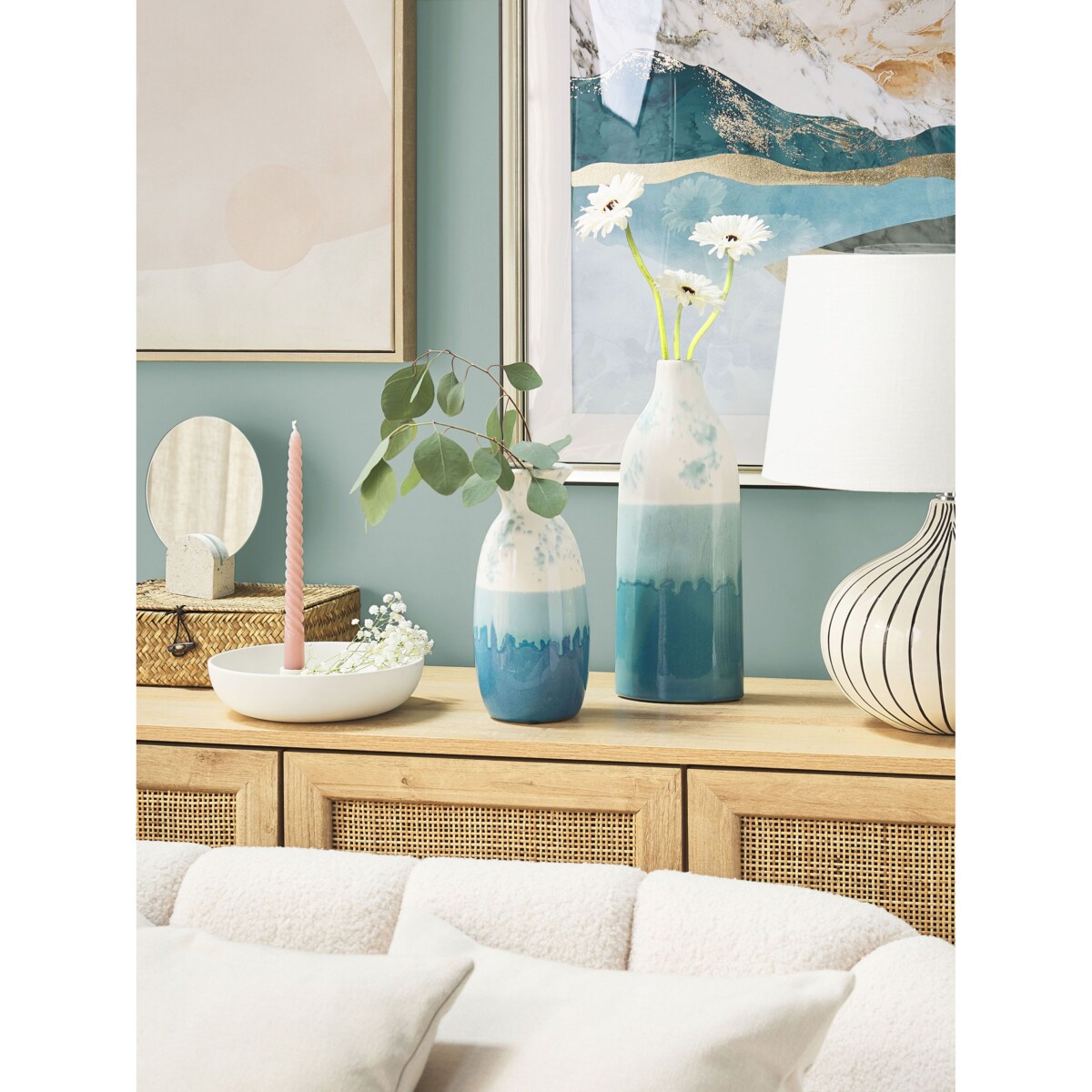 Wazon na kwiaty ceramiczny 35 cm biało-niebieski CALLIPOLIS