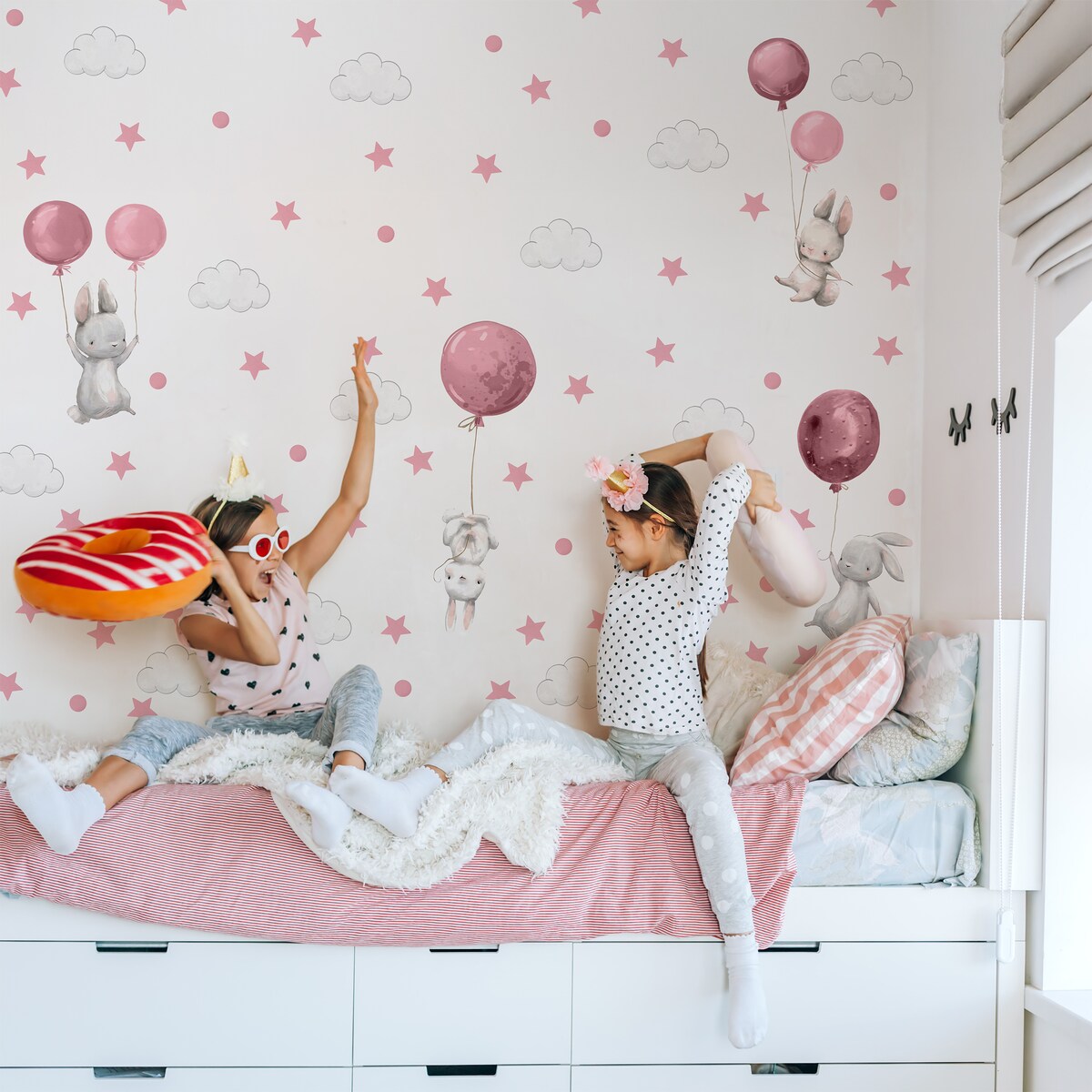Naklejki Ścienne Dla Dzieci Króliczki Różowe Balony Chmurki Kropki ZESTAW 120x60cm