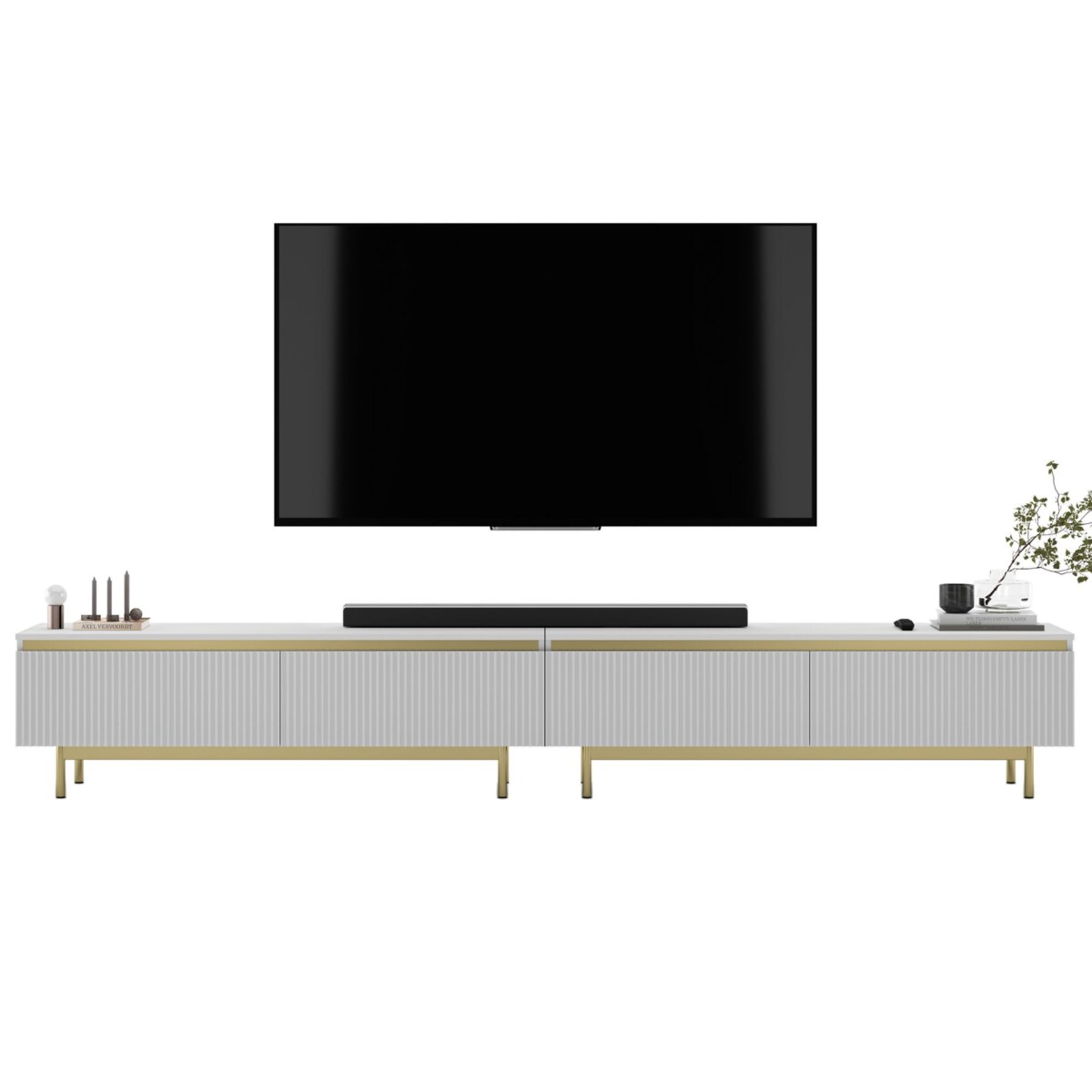 Nowoczesna Szafka RTV Glamour Komoda RTV Biały Mat 280 cm złote akcenty