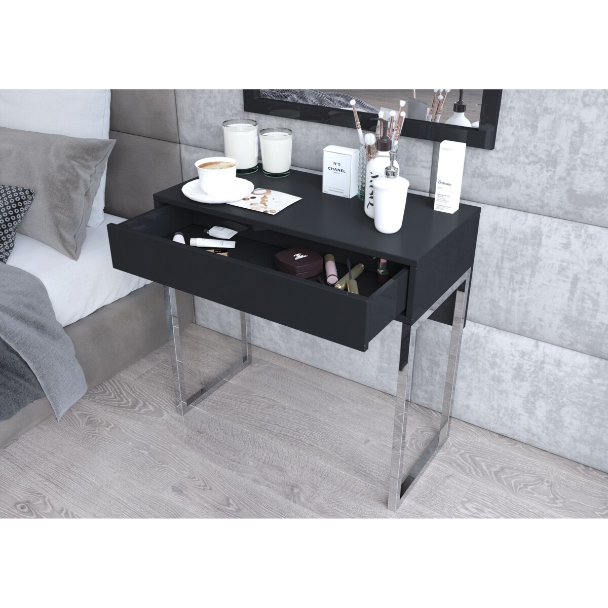 Czarna nowoczesna toaletka Dancan EVA ze srebrnym stelażem