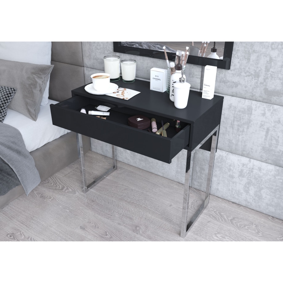 Czarna nowoczesna toaletka Dancan EVA ze srebrnym stelażem