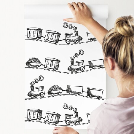 Tapeta Dziecięca Czarno-Białe KOLEJKI Pociągi Parowozy