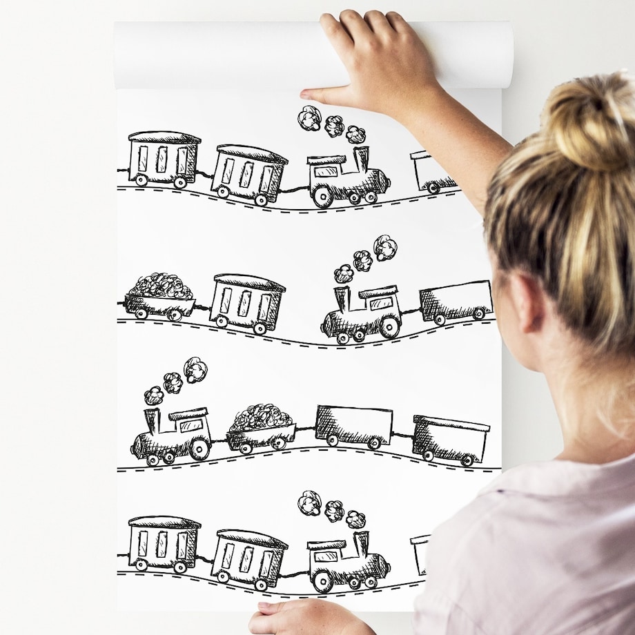 Tapeta Dziecięca Czarno-Białe KOLEJKI Pociągi Parowozy