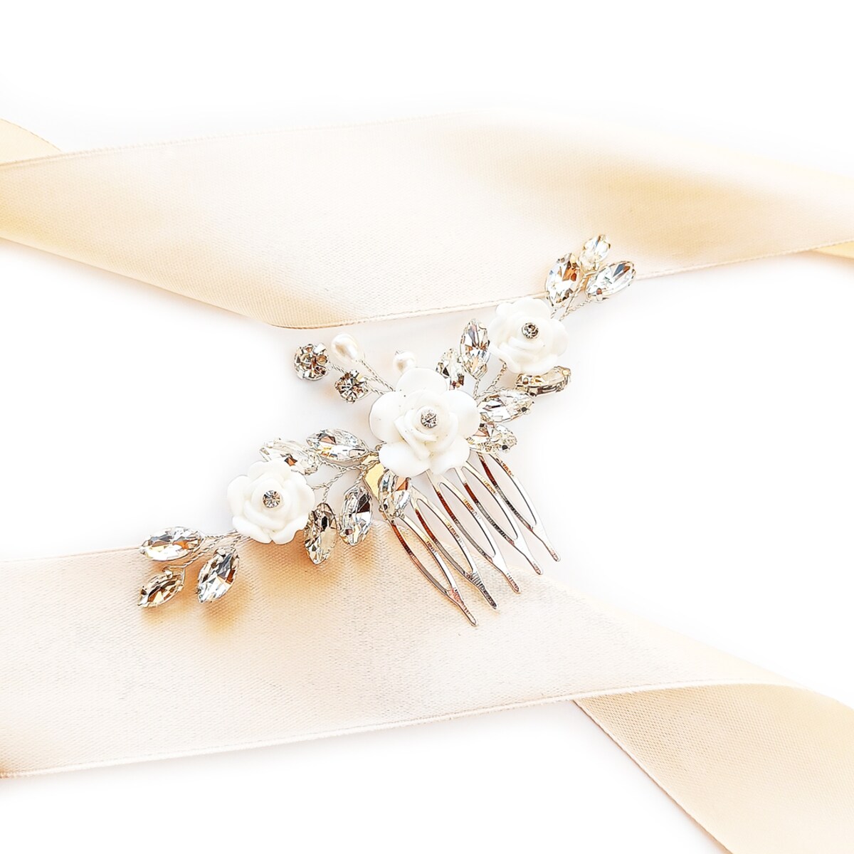 Grzebień białe KWIATY perły róże srebro grzebyk ślubny RUSTYKALNY