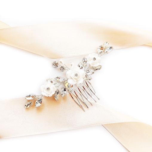 Grzebień białe KWIATY perły róże srebro grzebyk ślubny RUSTYKALNY