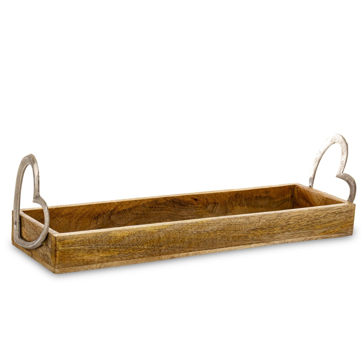 Taca dekoracyjna z drewna mango 12x41,5x12 cm KANDIK-2 uchwyty w kształcie serca