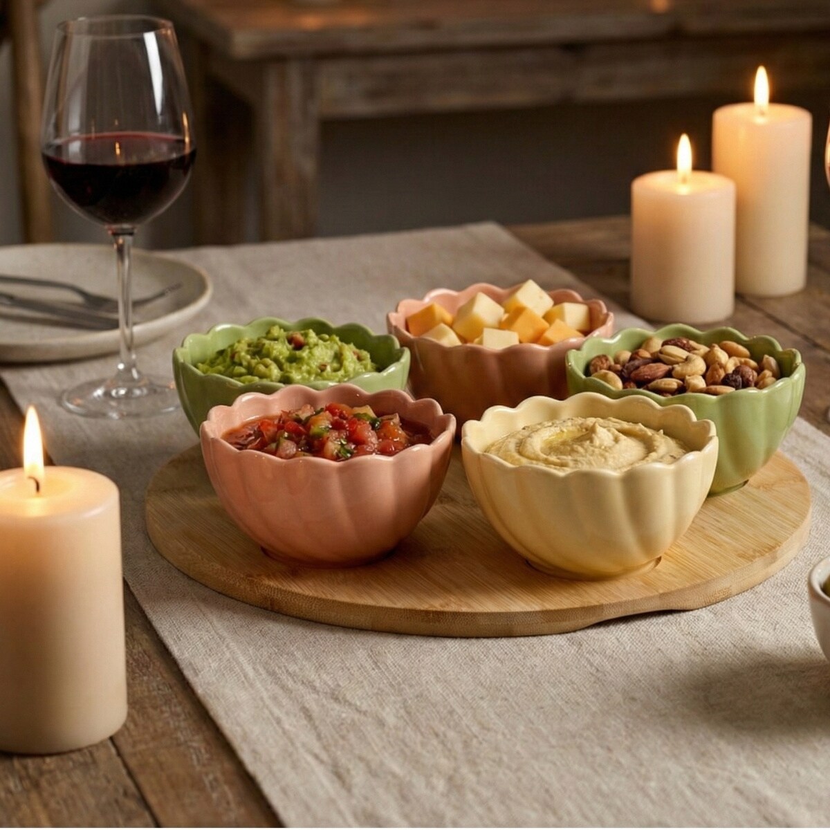 Miseczki na przekąski kwiatki na bambusowej tacy, 5 miseczek + deska