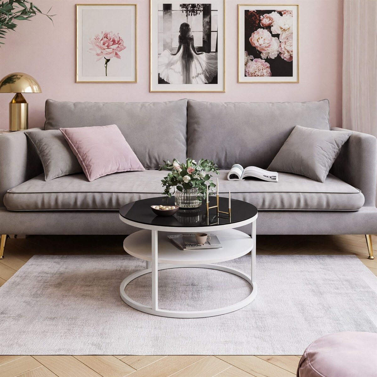 Stolik kawowy CIRI SLIM z półką biały czarne szkło