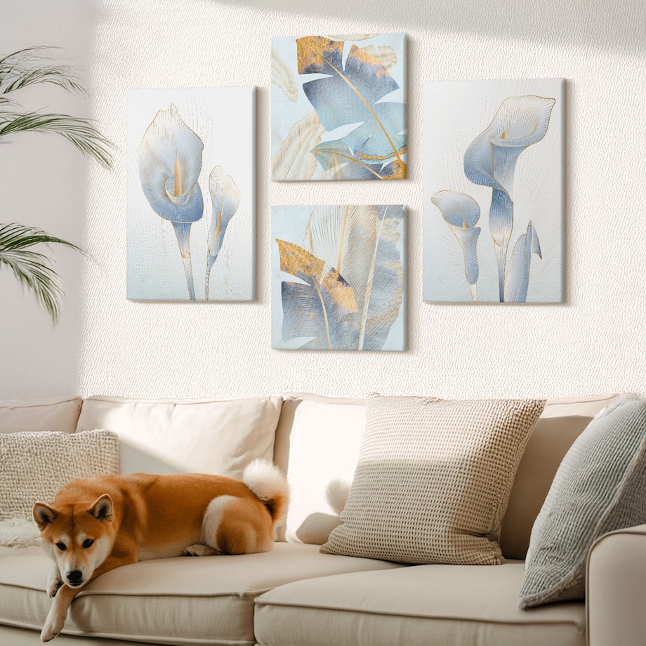 Zestaw 4 obrazów na płótnie - Błękitne kwiaty na tle glamour - niebieski