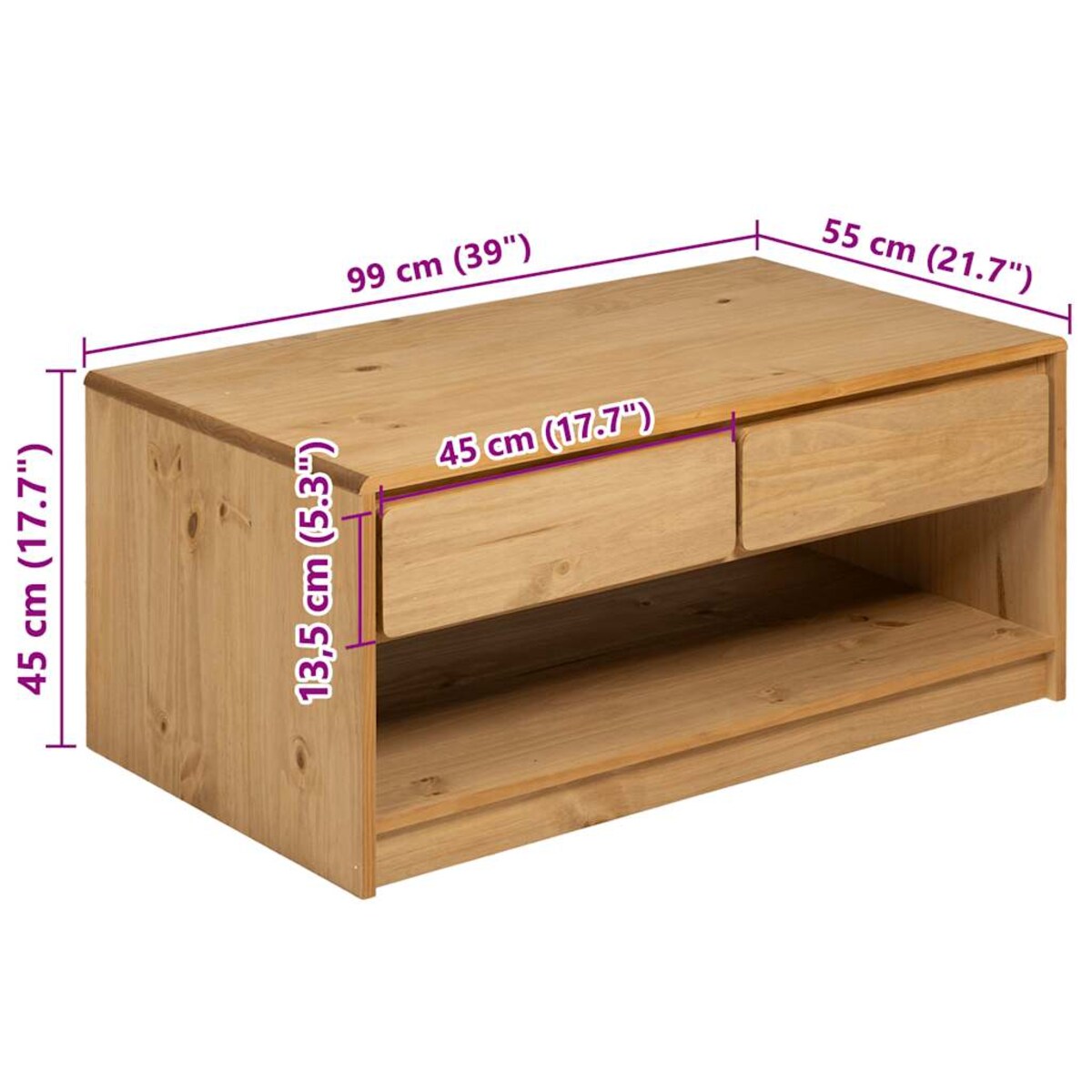 vidaXL Stolik kawowy SAUDA, kolor dębu, 99x55x45 cm, drewno sosnowe